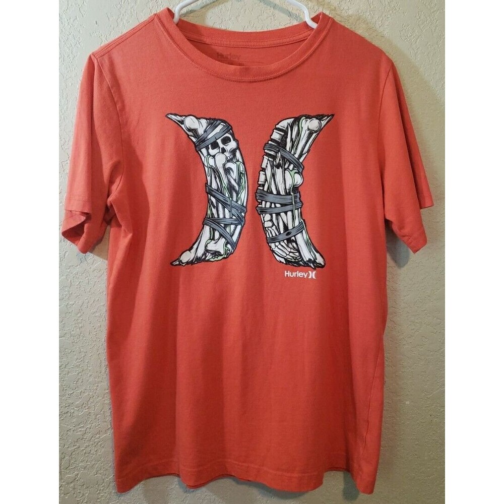 Hurley Mens Skull Bones Tshirt Cotton Size XL Short Sleeve Orange Board Skate